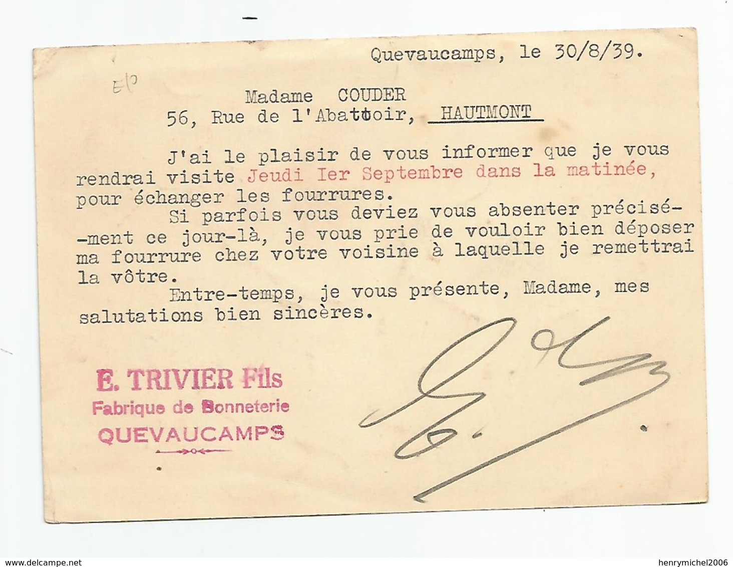 Belgique Tournai , Trvier Fabrique De Bonneterie Quevaucamps 1939 Pour Hautmont Lez Maubeuge 59 Nord  Entier Postal - Briefkaarten 1934-1951
