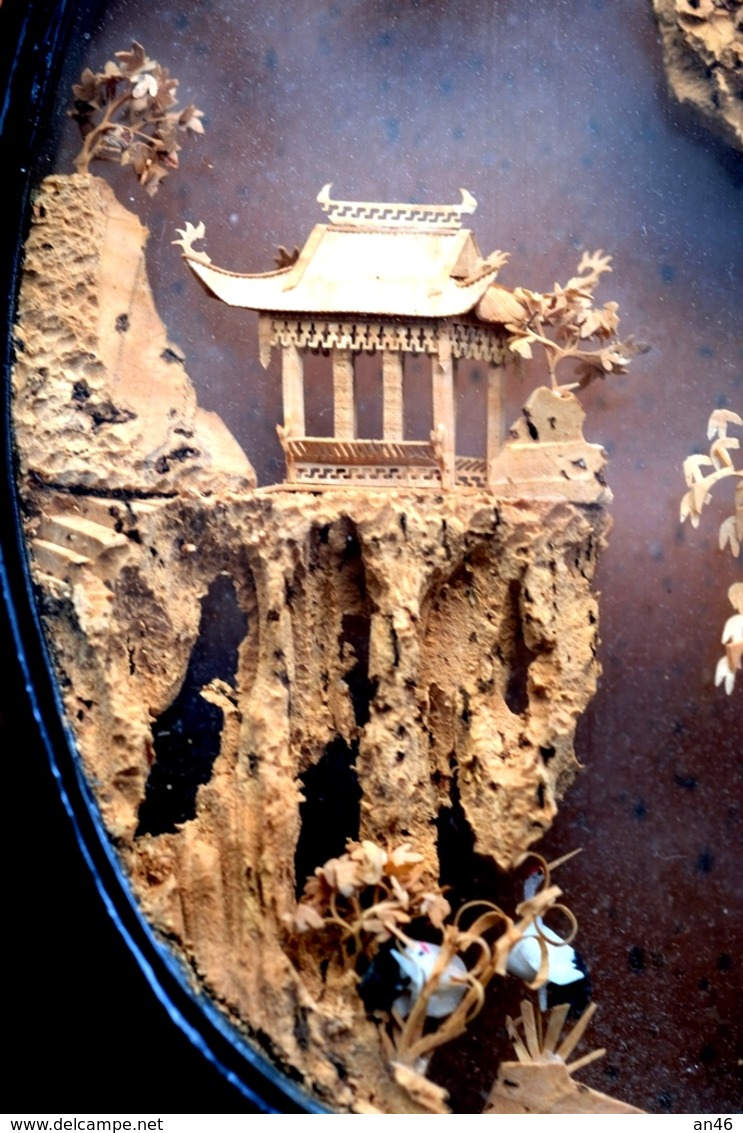 Preziosa Miniatura Cinese Tra Due Vetri Di Un Villaggio Sulle Rocce E Due Uccelli Bianchi In Basso -primi Anni 900-Vedi - Arte Orientale