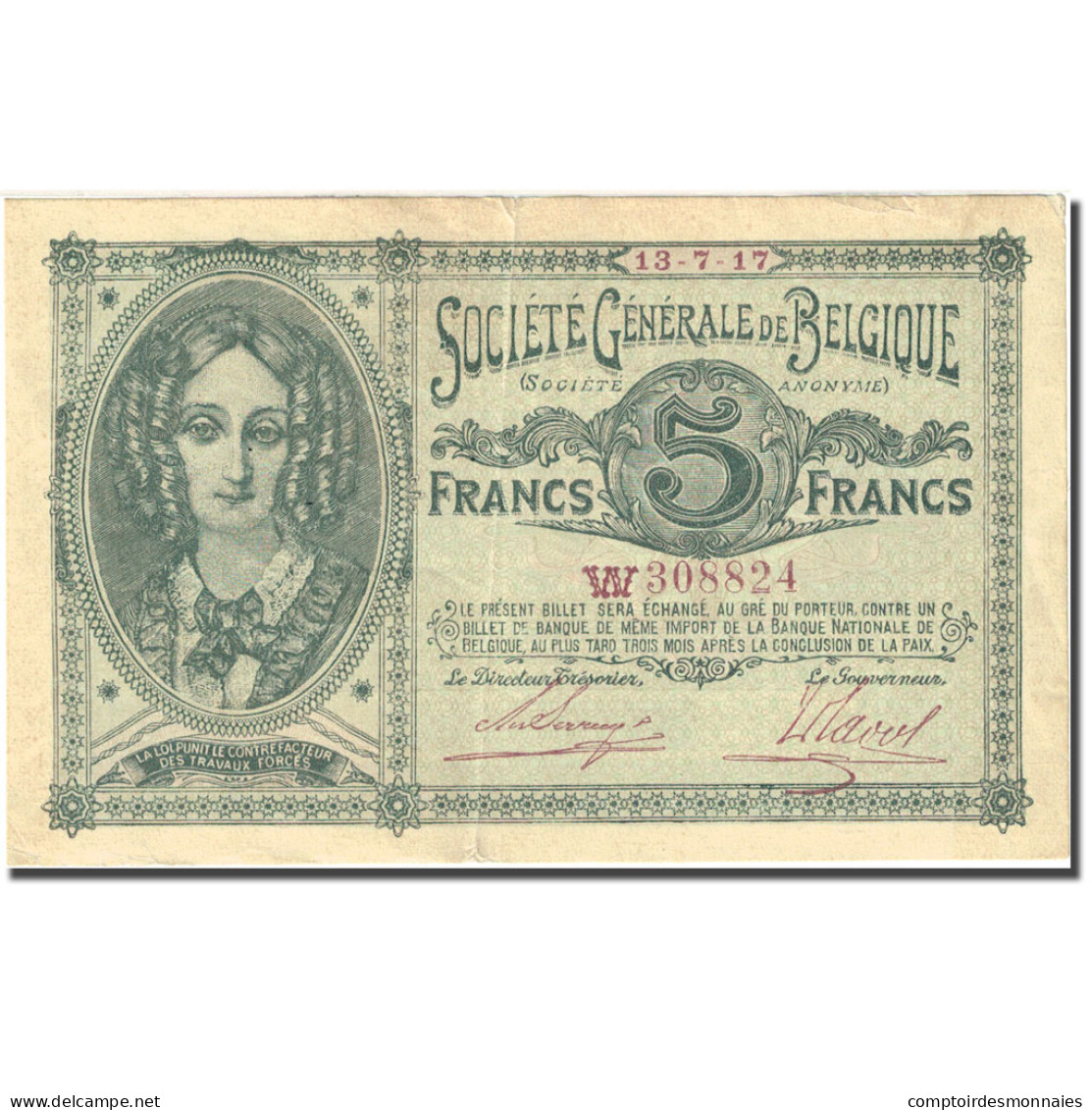 Billet, Belgique, 5 Francs, 1917, 1917-07-13, KM:88, TTB+ - 5-10-20-25 Francs