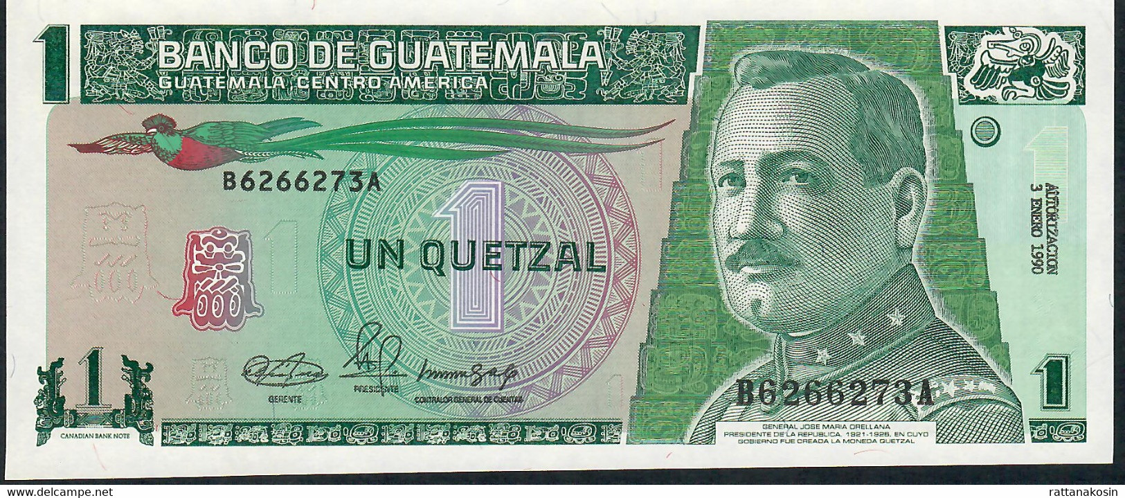 GUATEMALA     P73a   1   QUETZAL   1990   #B/A    FIRST DATE  UNC. - Guatemala