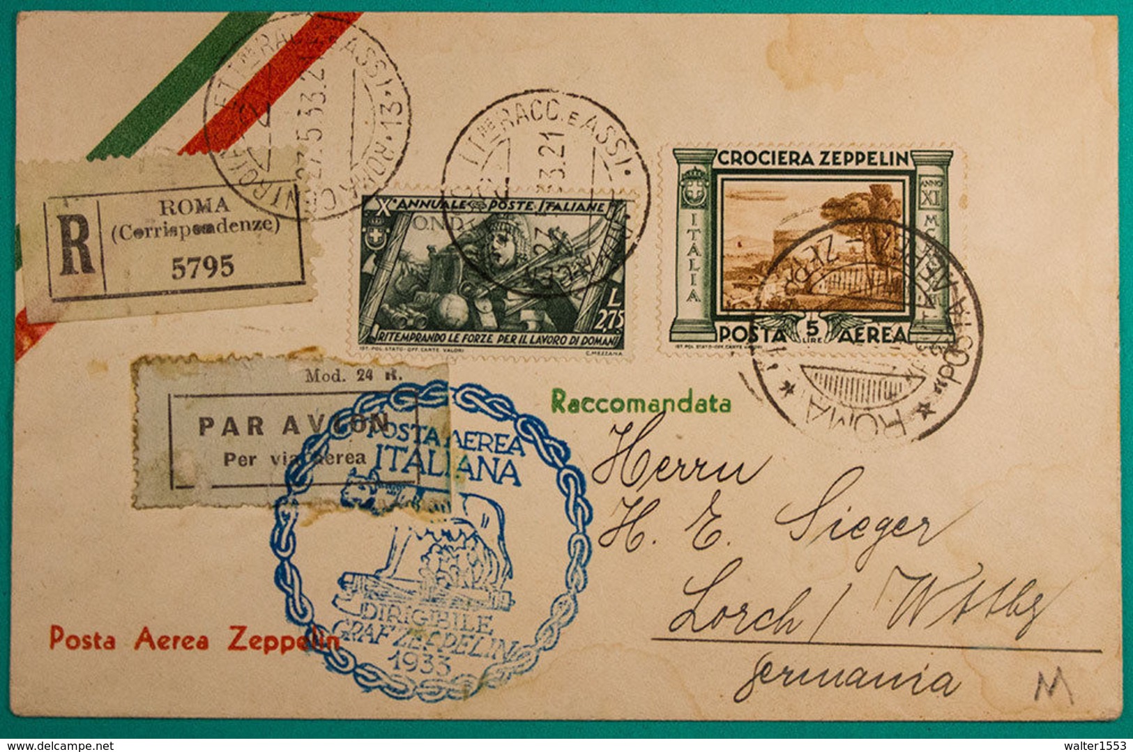 Storia Postale Posta Aerea Zeppelin Lire 5 Su Aerogramma Racc. Per La Germania Sassone Z11A Rara !! - Marcophilie (Zeppelin)