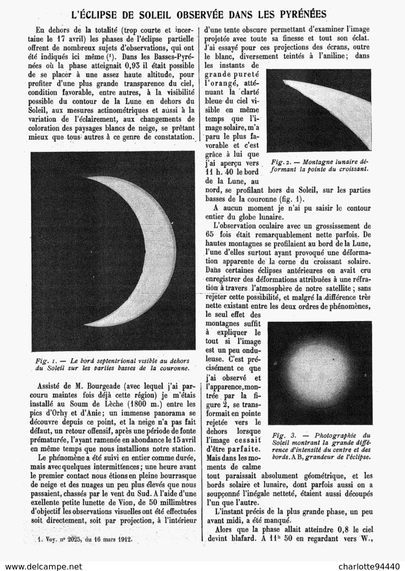 L'ECLIPSE DE SOLEIL Du 17 AVRIL OBSERVEE DANS LES PYRENEES  1912 - Astronomie