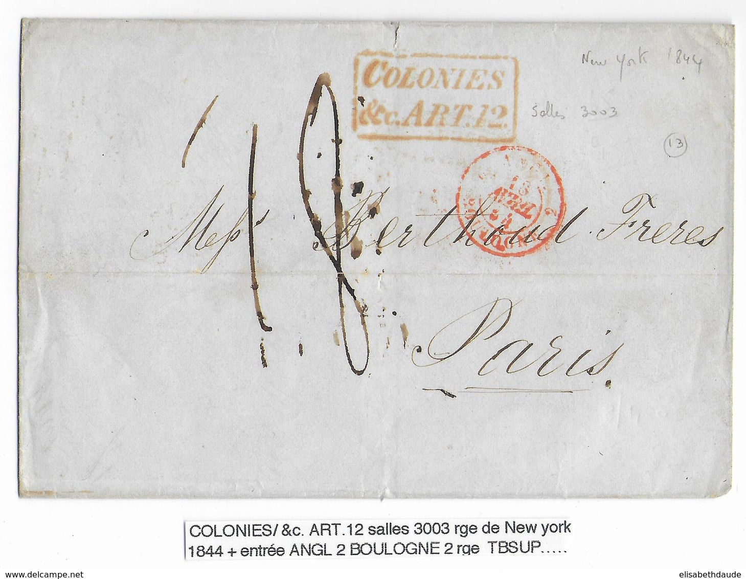 1844 - MARITIME - COLONIES & C. - LETTRE De NEW YORK (USA) => PARIS Avec ENTREE Par BOULOGNE - Entry Postmarks