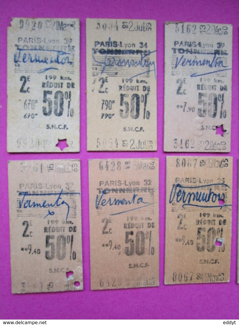 10 Anciens TICKETS BILLETS  " SNCF "  2° Classe - PARIS Gare De Lyon / Vermenton - TBE 1958 à 67 - Ohne Zuordnung