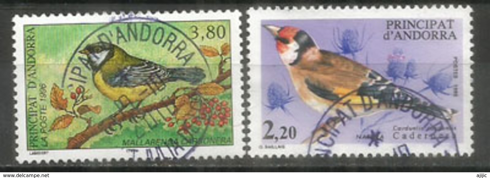 Oiseaux D'Andorre:La Mésange Charbonnière & Chardonneret élégant  2 Timbres Oblitérés,1 ère Qualité, Oblitération Ronde. - Gebraucht