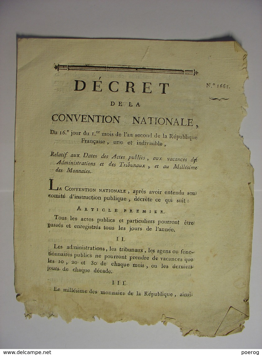 DECRET CONVENTION NATIONALE DE 1793 - VACANCES DES ADMINISTRATIONS TRIBUNAUX MILLESIME DES MONNAIES DATES ACTES PUBLICS - Wetten & Decreten