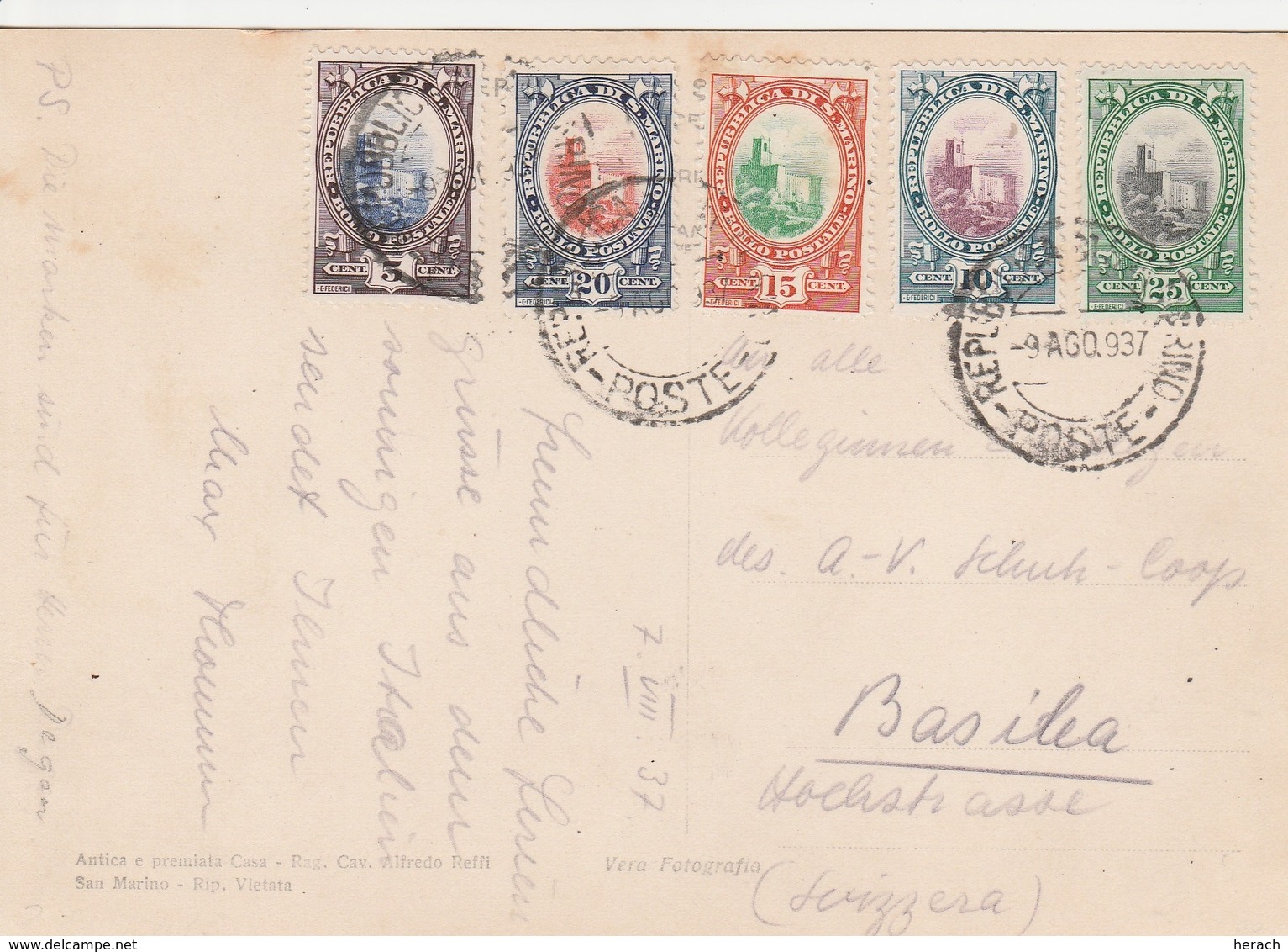 Saint Marin Carte Postale Pour La Suisse 1937 - Covers & Documents
