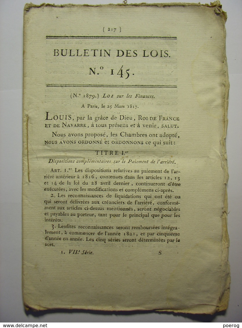 BULLETIN DES LOIS N°145 Du 26 MARS 1817 Contenant La  LOI SUR LES FINANCES POUR L'ANNEE 1817 - Décrets & Lois