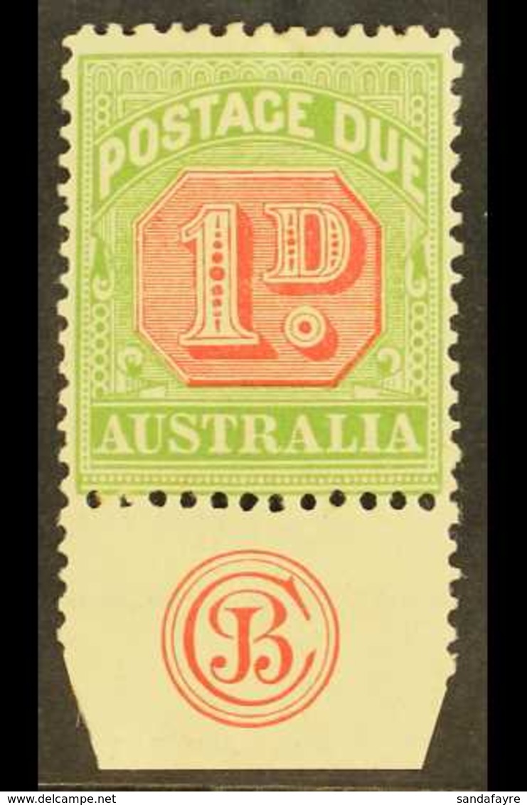 POSTAGE DUES 1909 1d Rosine And Yellow Green Die 1, Very Fine Mint Lower Marginal Copy Showing JBC Monogram. For More Im - Sonstige & Ohne Zuordnung