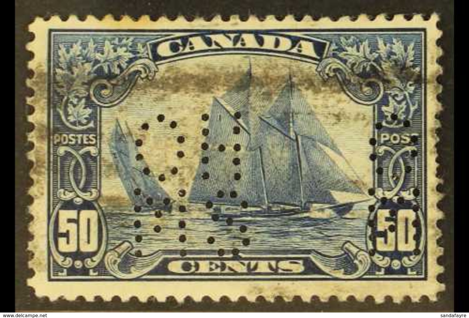 OFFICIAL 1928-29 50c Bluenose Punctured "O.H.M.S.", SG O39, Used, Some Perf Toning And A Light Tear Not Visible From The - Sonstige & Ohne Zuordnung