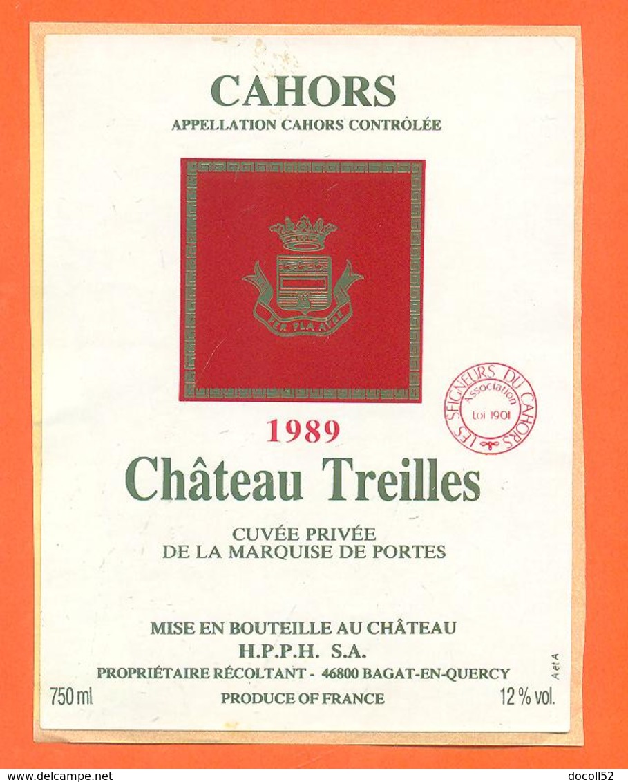 étiquette Autocollante Sur Support Cahors Chateau Treilles 1989 HPPH à Bagat En Quercy - 75 Cl - Cahors