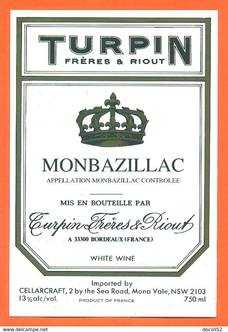 étiquette De Vin De Monbazillac Turpin Frères Et Riout à Bordeaux - 75 Cl - Monbazillac