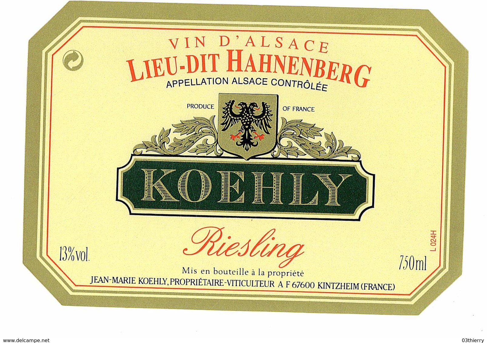 ETIQUETTE ALCOOL VIN ALSACE RIESLING KOEHLY LIRU-DIT HAHNENBERG 67 KINTZHEIM - Riesling
