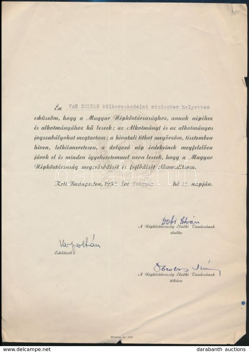 1955 Vas Zoltán (1903-1983) Kommunista Politikus, 1956-os államminiszter Külkereskedelmi Miniszterhelyettesi Esküjének A - Non Classificati