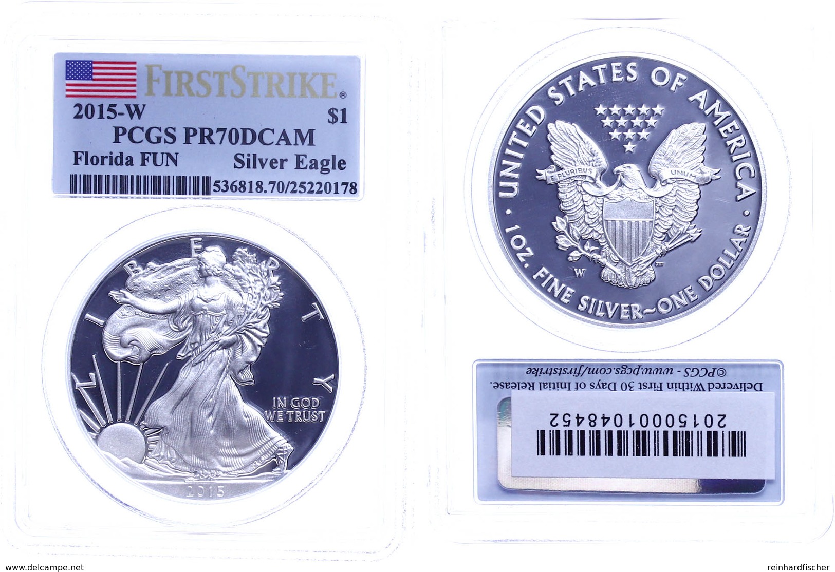 1 Dollar, 2015, W, Silver Eagle, In Slab Der PCGS Mit Der Bewertung PR70DCAM, First Strike, Florida FUN, Flag Label. - Altri & Non Classificati