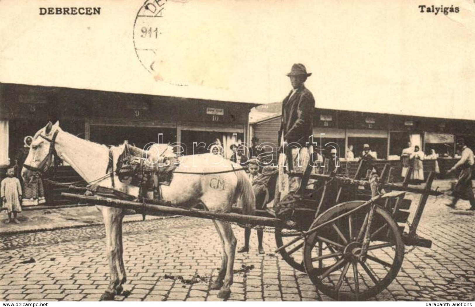 * T2/T3 1911 Debrecen, Talyigás Piaci Bódék Előtt, C.M. Monogram A Lovon. Antalfy József Kiadása (EK) - Non Classés