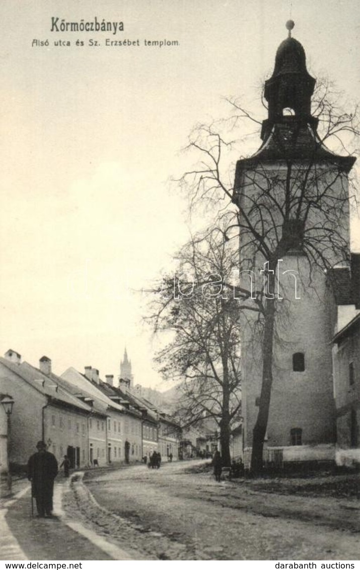 * T2 Körmöcbánya, Kremnitz, Kremnica; Alsó Utca és Szent Erzsébet Templom. Kiadja Ritter Lipót J. / Street View, Church - Non Classés