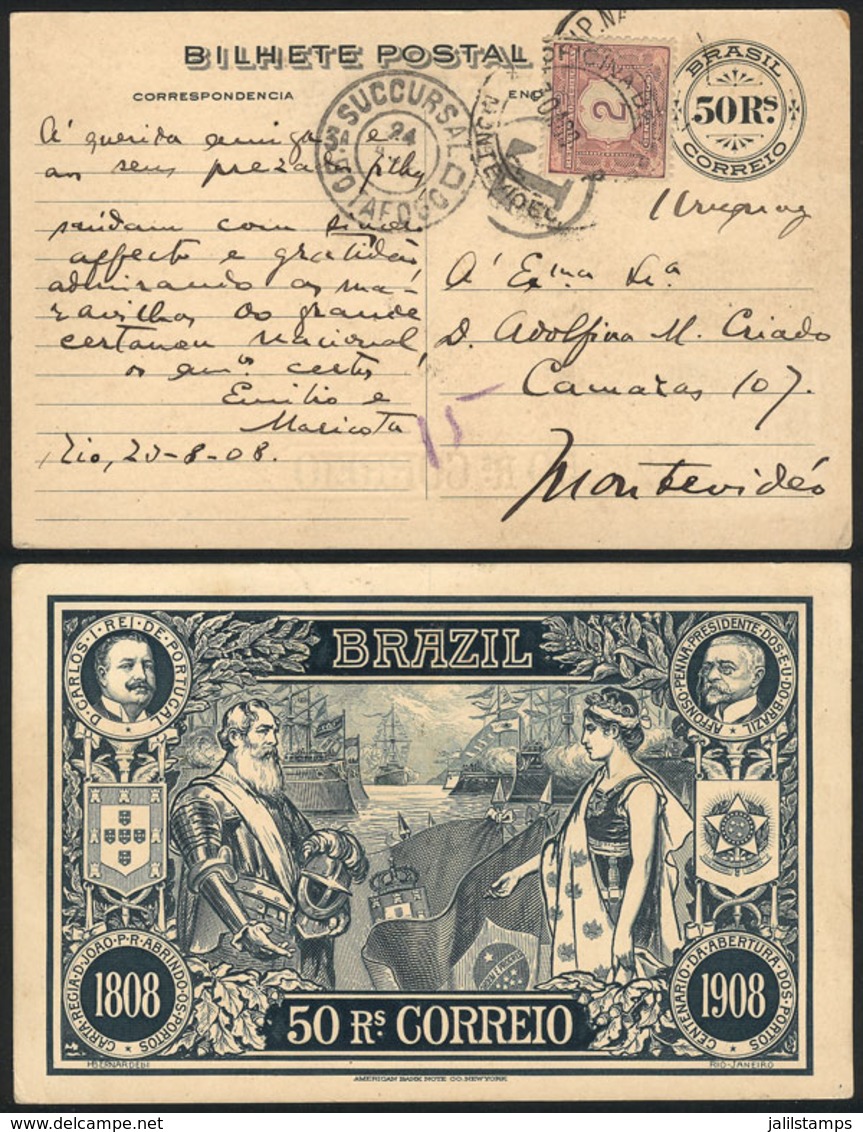 BRAZIL: 50Rs. Postal Card Sent From Rio To Uruguay On 20/AU/1908 With Insufficient Postage, On Arrival It Received A Pos - Cartes-maximum