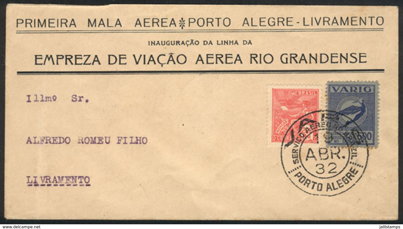 BRAZIL: 19/AP/1932 Porto Alegre - Livramento, Cover Flown On The FIRST AIRMAIL Of VARIG, VF Quality! - Cartes-maximum