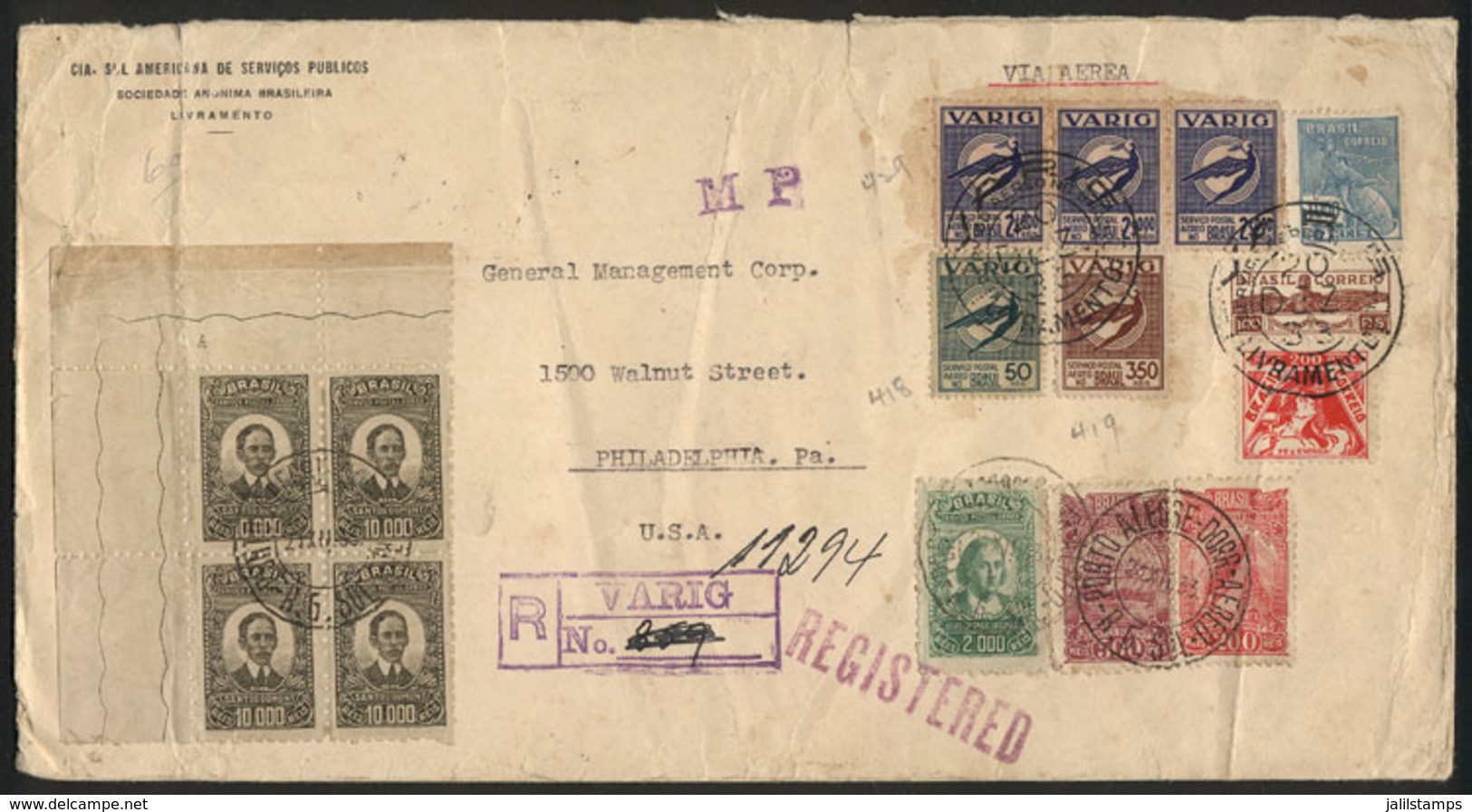 BRAZIL: Registered Cover Sent By Airmail From LIVRAMENTO To USA On 20/DE/1933. The First Leg From Livramento To Porto Al - Cartes-maximum