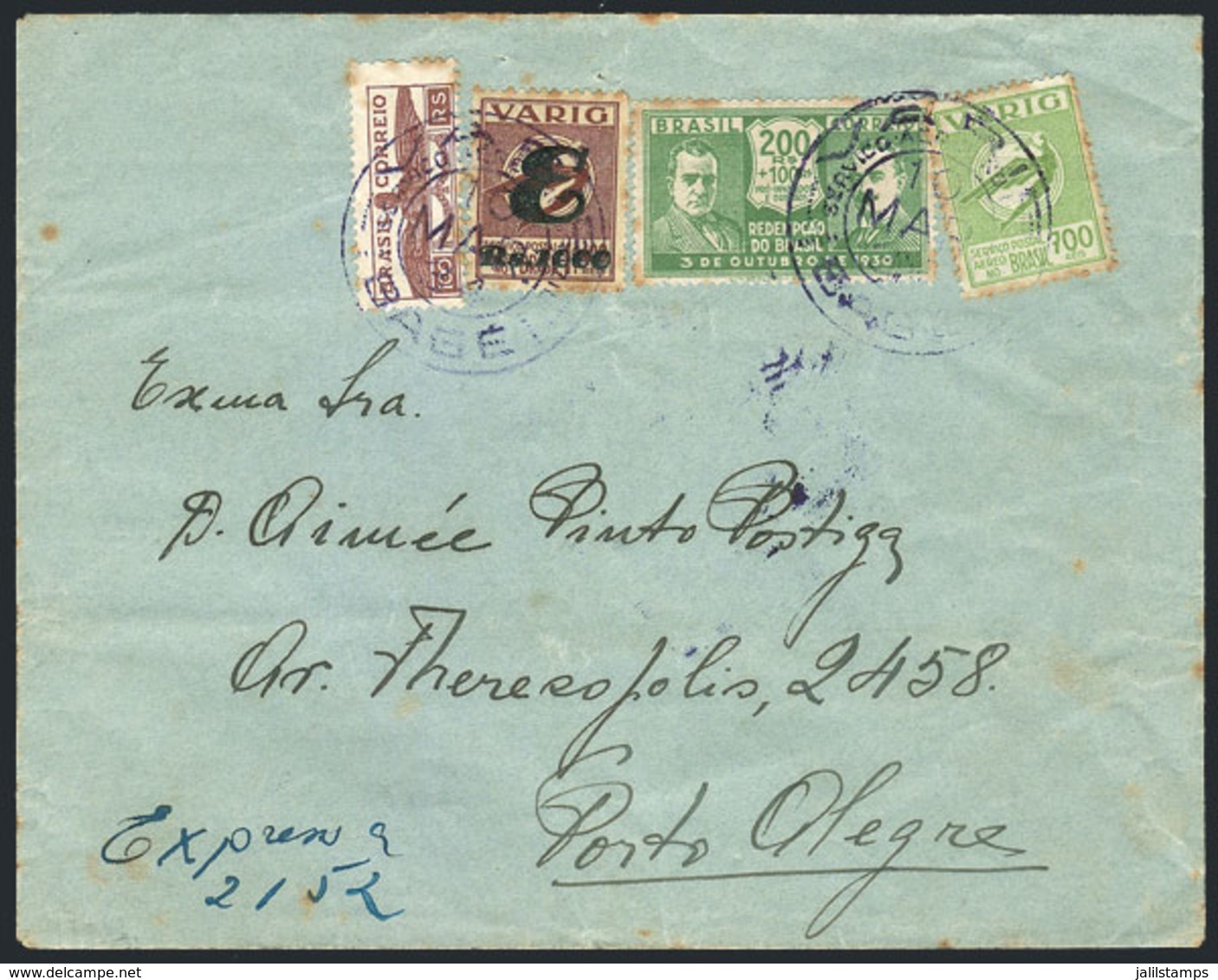 BRAZIL: Cover Sent Via VARIG From Bagé To Porto Alegre On 10/MAR/1934, Franked By RHM.V-35 + V-39A (with Watermark) + Ot - Cartes-maximum