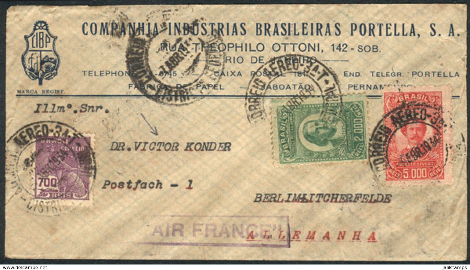 BRAZIL: Airmail Cover Sent Via AIR FRANCE To Germany On 7/AP/1934, To DR. VICTOR KONDER, Franked With 7,700Rs., VF Quali - Cartes-maximum