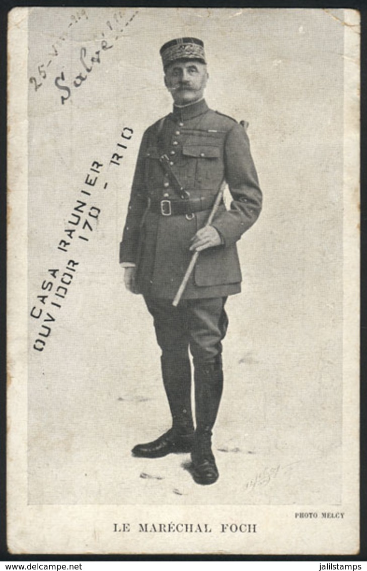 BRAZIL: Marshal FOCH, Postcard With Printed Advertising For "Casa Raunier" In Rio De Janeiro, Sent From Rio To Portugal  - Rio De Janeiro