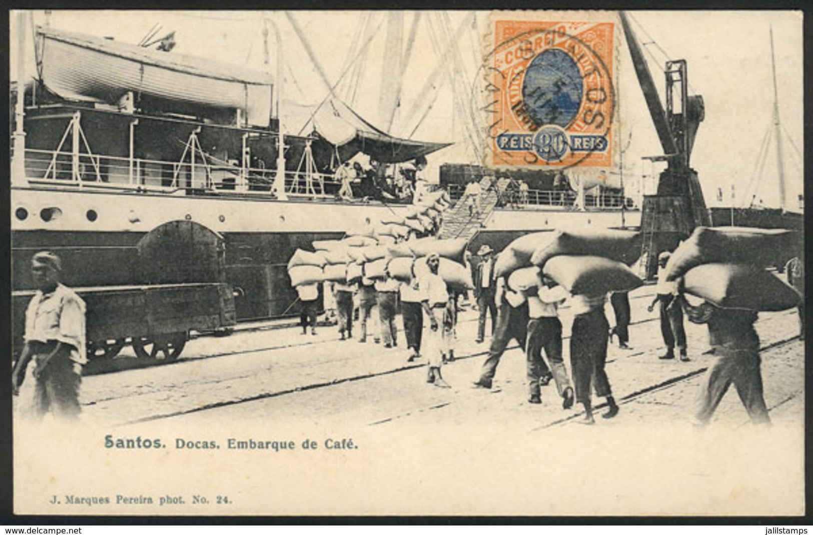 BRAZIL: SANTOS: Loading COFFEE Sacks Onto Ship, Dorcas, Ed.Marques Pereira, Used On 5/JUN/1906, Little Layer Separation, - Rio De Janeiro