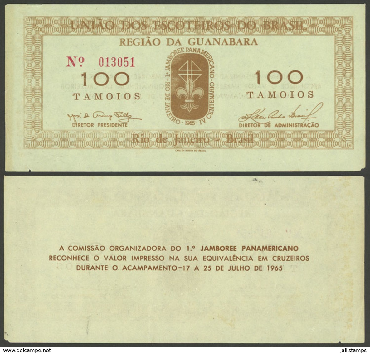 BRAZIL: Coupon For 100 "Tamoios" To Be Used In The FIRST PAN-AMERICAN JAMBOREE In 1965, Topic SCOUTS, Interesting!" - Autres & Non Classés