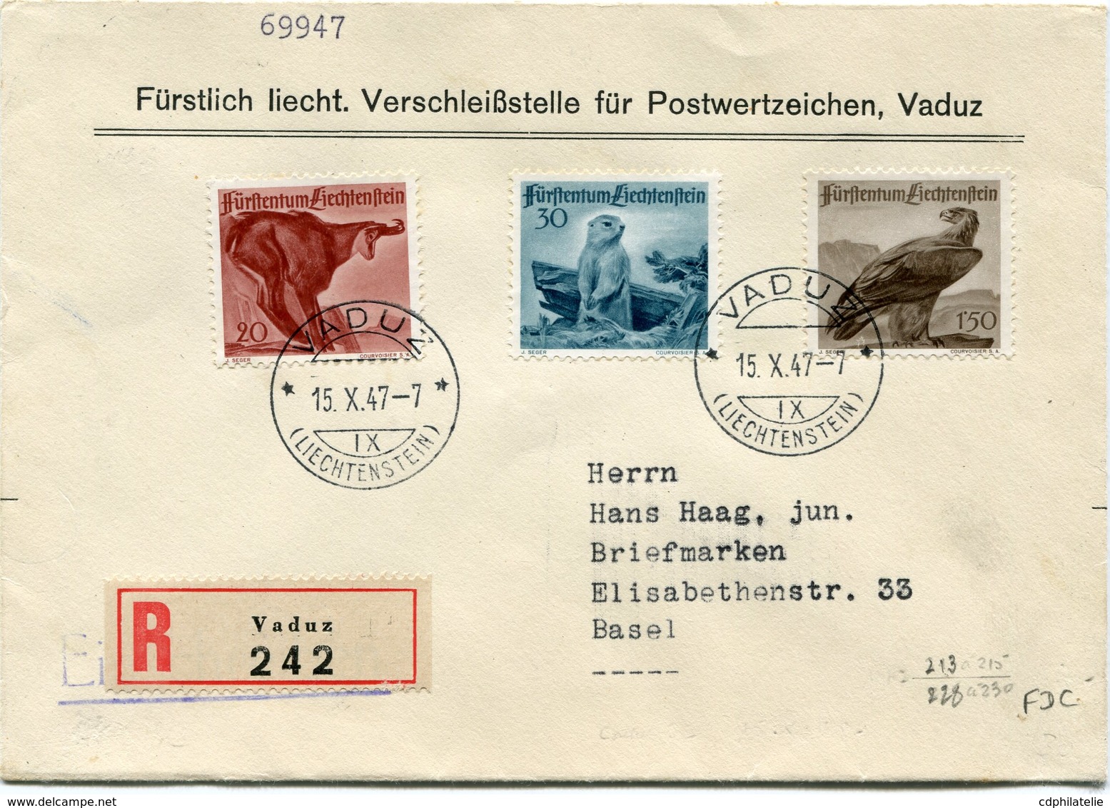 LIECHTENSTEIN LETTRE RECOMMANDEE AFFRANCHIE AVEC LES N°228/30 ( FAUNE ) DEPART VADUZ 15 X 47 POUR LA SUISSE - Lettres & Documents