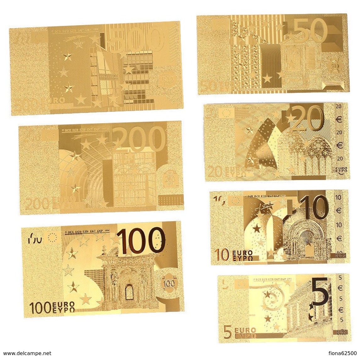 LOT DE 7 BILLETS PLAQUES COULEURS OR .( 5€ .10€ .20€ . 50€ . 100€ . 200€ . 500€ .) - Specimen