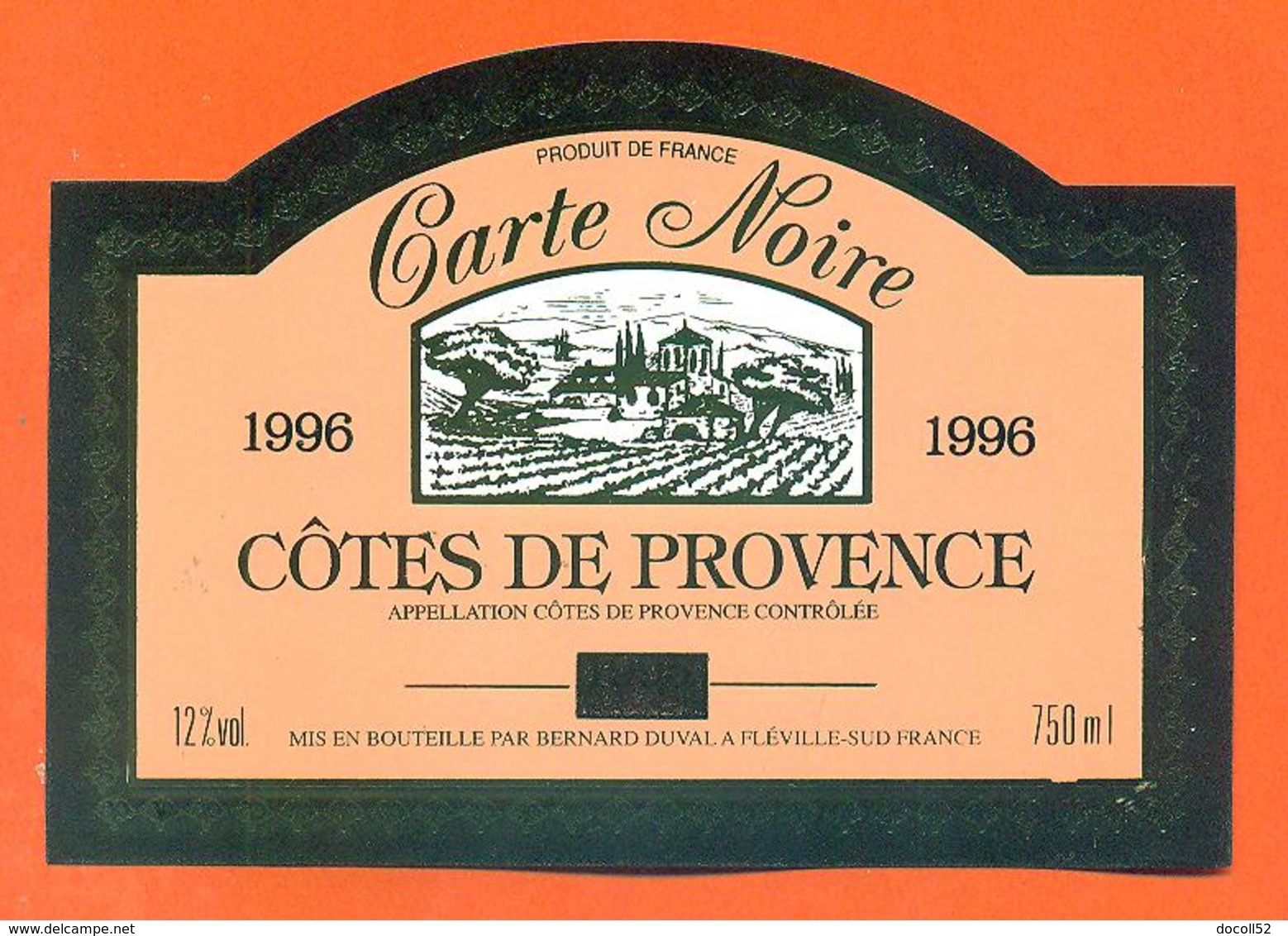 étiquette Vin Cotes De Provence Carte Noire 1996 Bernard Duval à Fléville Sud - 75 Cl - Vino Rosato