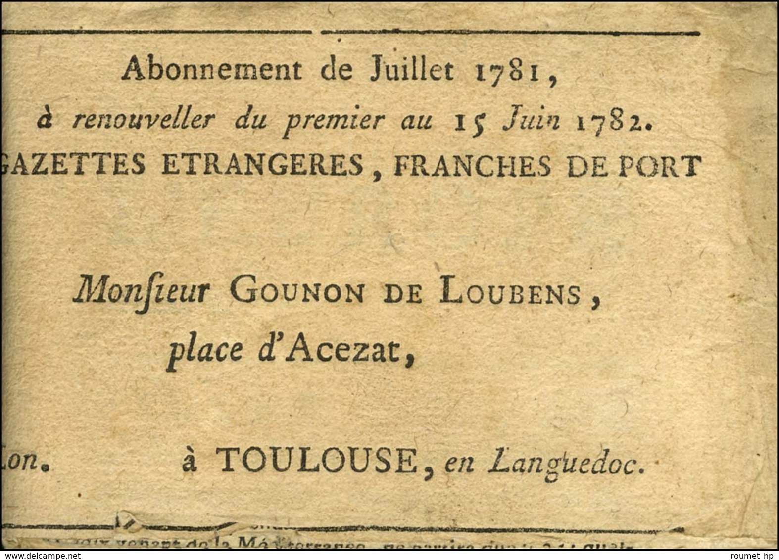 Journal Adressé Sous Bande ' Gazettes étrangères, Franches De Port '. 1781. - TB / SUP. - Autres & Non Classés