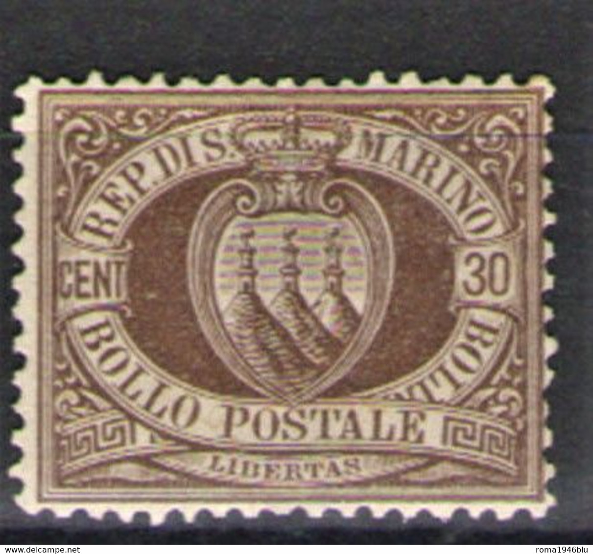 SAN MARINO 1877 STEMMA 30 C.BRUNO CENTRATO * GOMMA ORIGINALE  CERT. DIENA - Unused Stamps