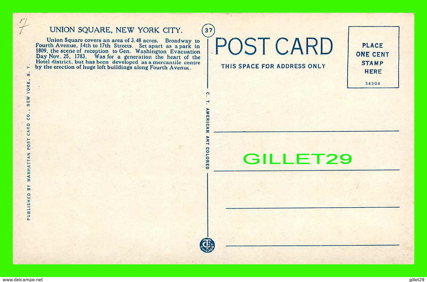 NEW YORK CITY, NY - UNION SQUARE - PUB, BY MANHATTAN POST CARD CO - - Union Square
