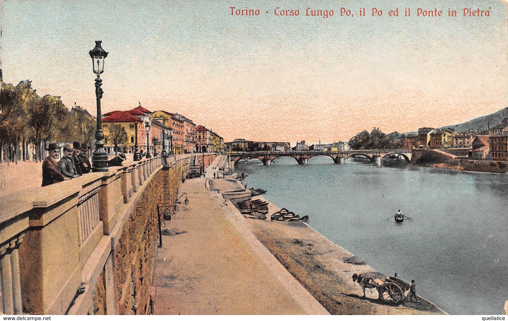 0629 "TORINO - CORSO LUNGO PO, IL PO E IL PONTE DI PIETRA"  ANIMATA, CANOA, CARRO CON CAVALLO.  CART  NON SPED - Fiume Po