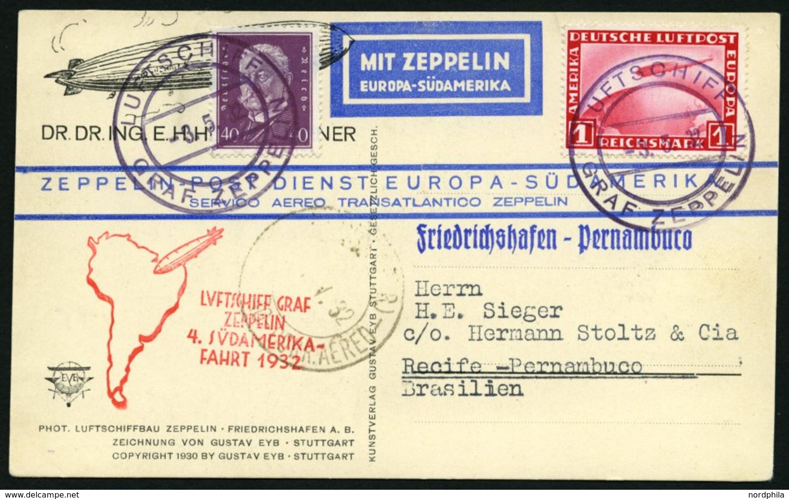 ZEPPELINPOST 157Ab BRIEF, 1932, 4. Südamerikafahrt, Bordpost Hinfahrt, Prachtkarte - Zeppelins