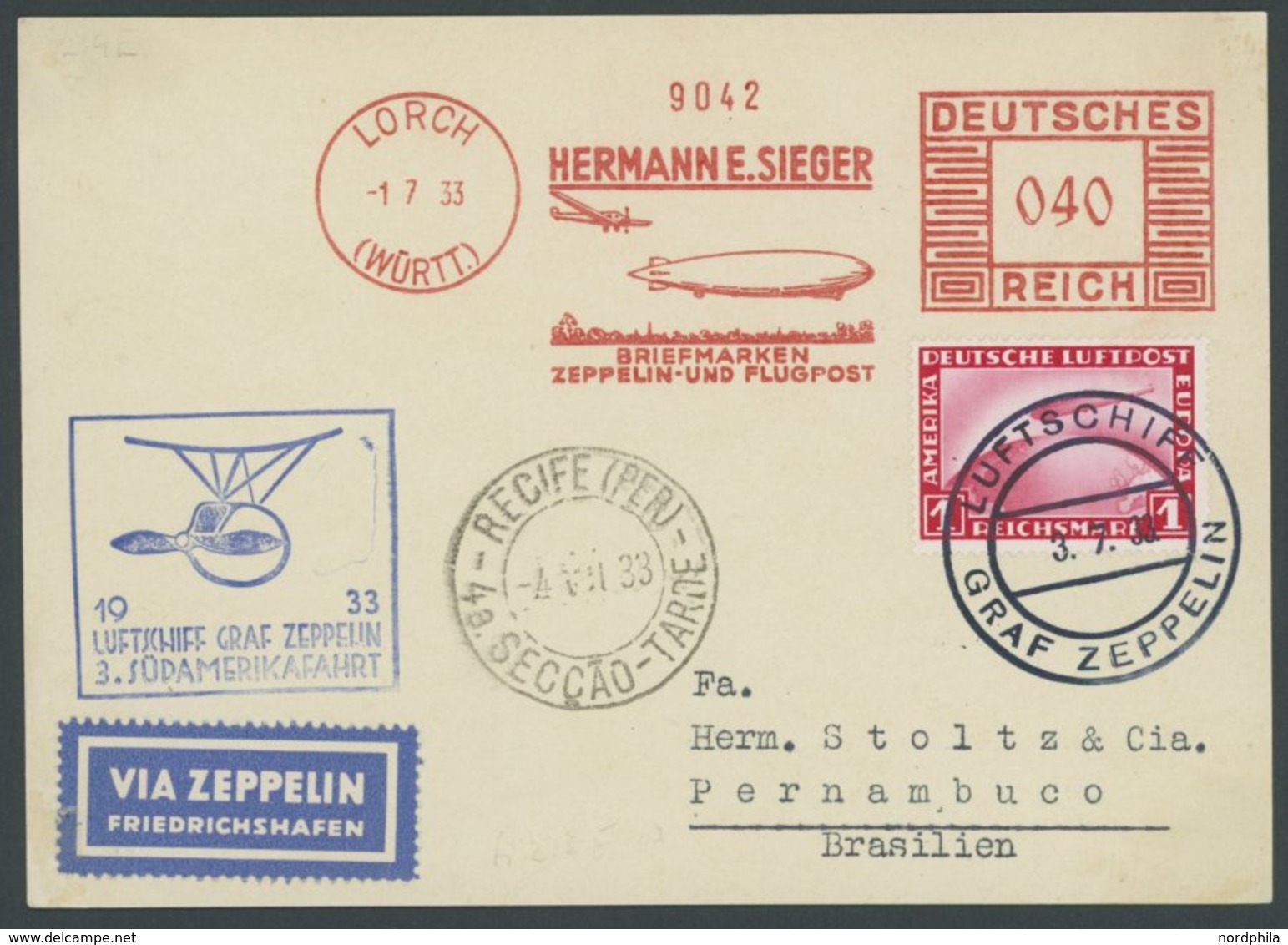 ZEPPELINPOST 219E BRIEF, 1933, 3. Südamerikafahrt, Bordpost Mit Freistempler Und Mi.Nr. 455, Prachtkarte - Zeppelins