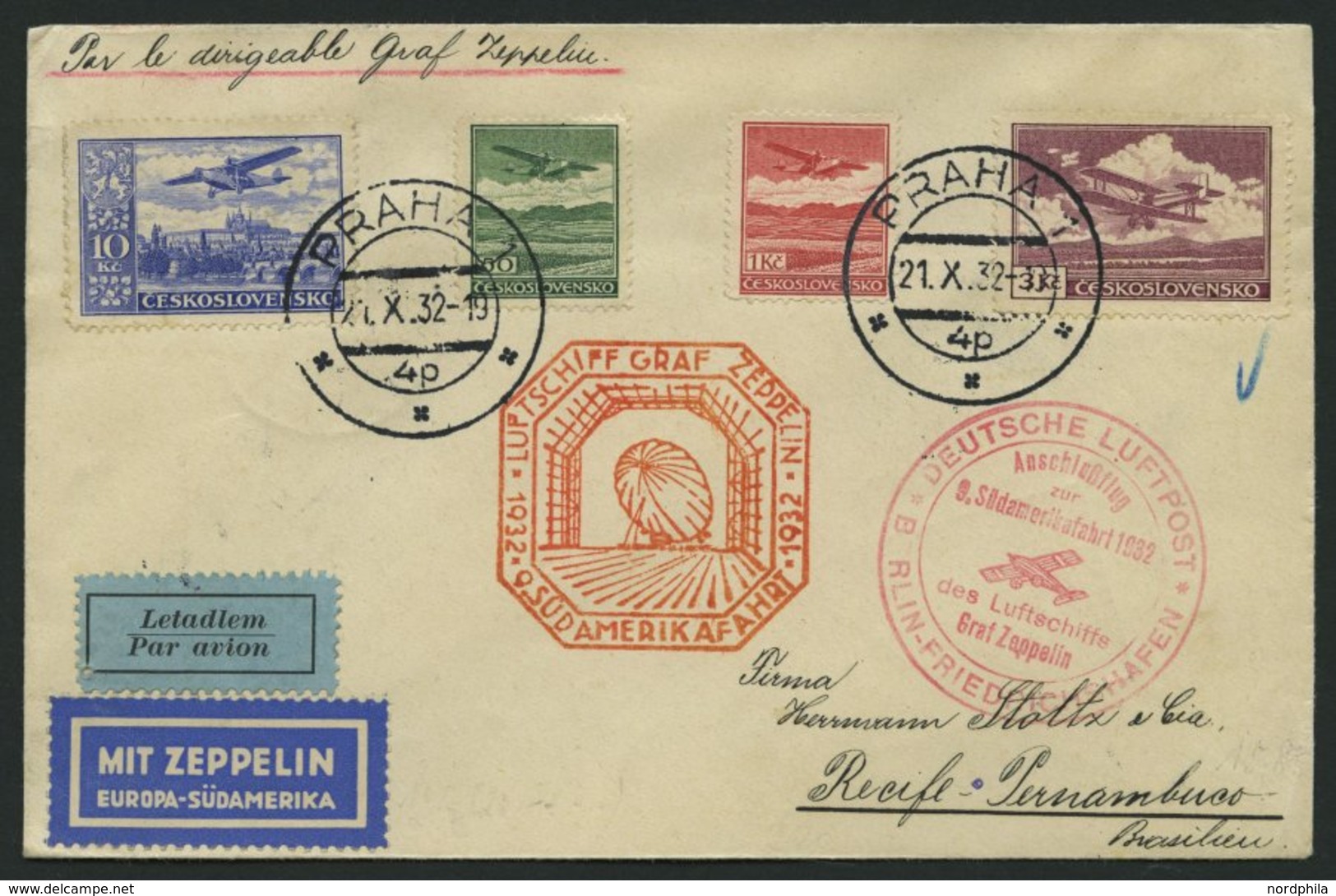 ZULEITUNGSPOST 195B BRIEF, Tschechoslowakei: 1932, 9. Südamerikafahrt, Anschlussflug Ab Berlin, Prachtbrief - Airmail & Zeppelin