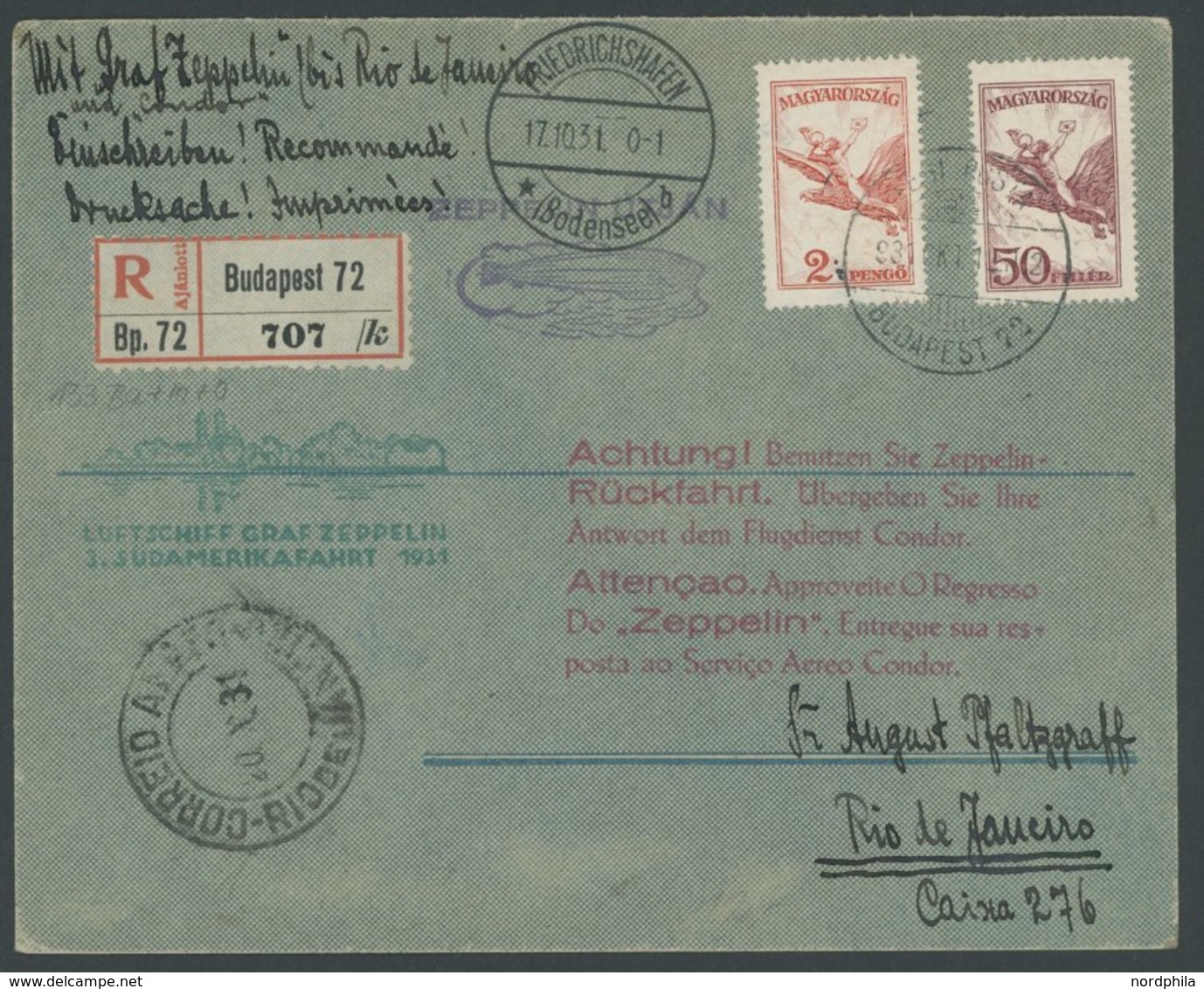 ZULEITUNGSPOST 133 BRIEF, Ungarn: 1931, 3. Südamerikafahrt, Einschreiben-Drucksache, Prachtbrief - Airmail & Zeppelin