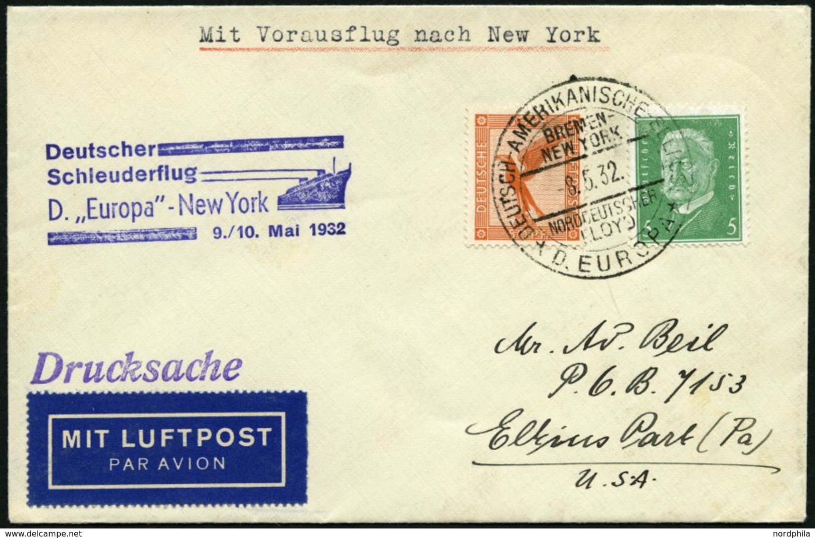 KATAPULTPOST 77b BRIEF, 9.5.1932, &quot,Europa&quot, - New York, Seepostaufgabe, Drucksache, Prachtbrief - Briefe U. Dokumente