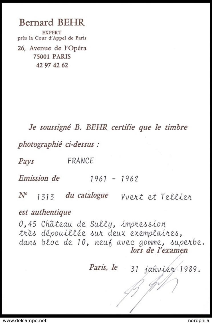 FRANKREICH 1367 **, 1961, 0.45 Fr. Sully-sur-Loire Im Zehnerblock, Dabei 2x Die Abart Weiße Burg (Yvert 1313a), Pracht,  - Other & Unclassified