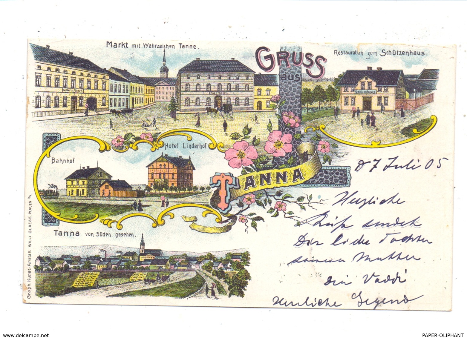 0-6556 TANNA, Lithographie, Restaurant Zum Schützenhaus, Hotel Linderhof, Bahnhof, Markt, Totalansicht - Schleiz