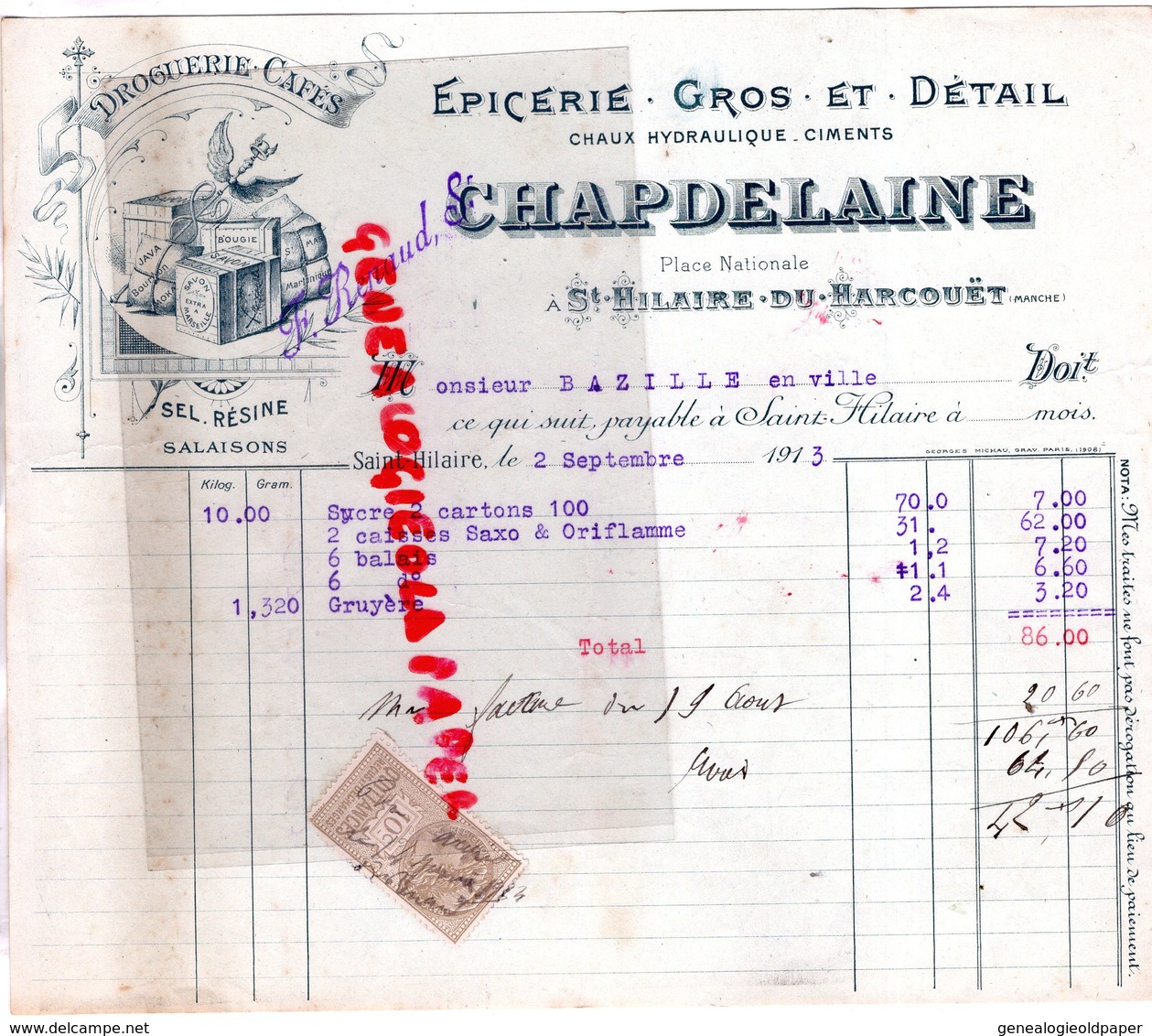 50- ST SAINT HILAIRE DU HARCOUET-FACTURE CHAPDELAINE- F. RENAUD-EPICERIE DROGUERIE-SEL-PLACE NATIONALE- CIMENT-1913 - Artigianato