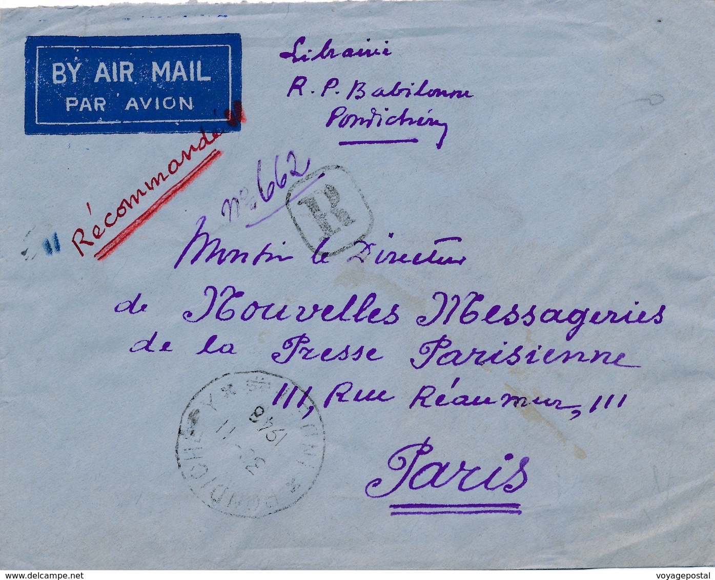 Lettre Recommandée Pondicherry France Libre Pour Paris India - Lettres & Documents