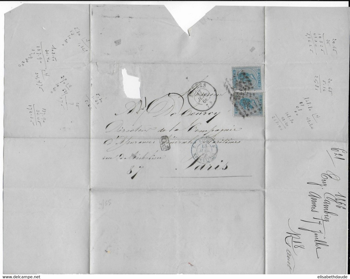 1866 - BELGIQUE - LETTRE De ANVERS => PARIS - 1865-1866 Profiel Links