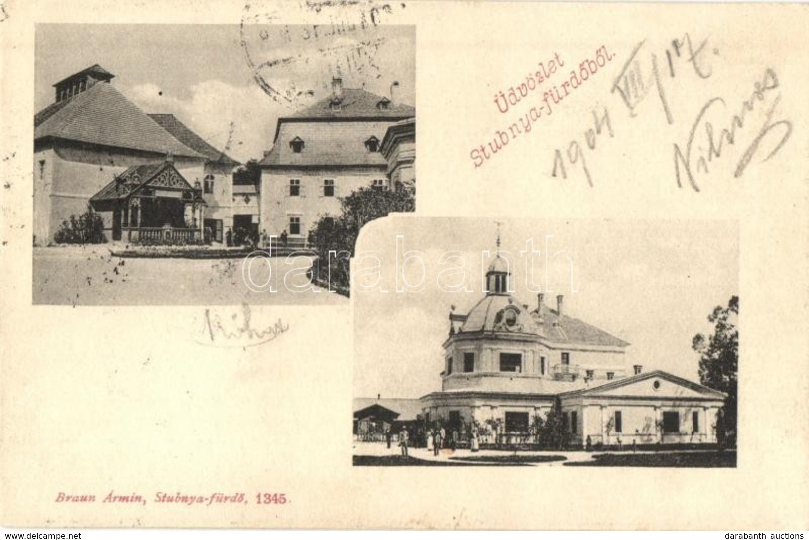 T2 1904 Stubnyafürdő, Túróchévíz, Stubnianske Teplice, Turcianske Teplice; Zöld Tükörfürdő, Erzsébet Lak, Kávéház. Braun - Ohne Zuordnung