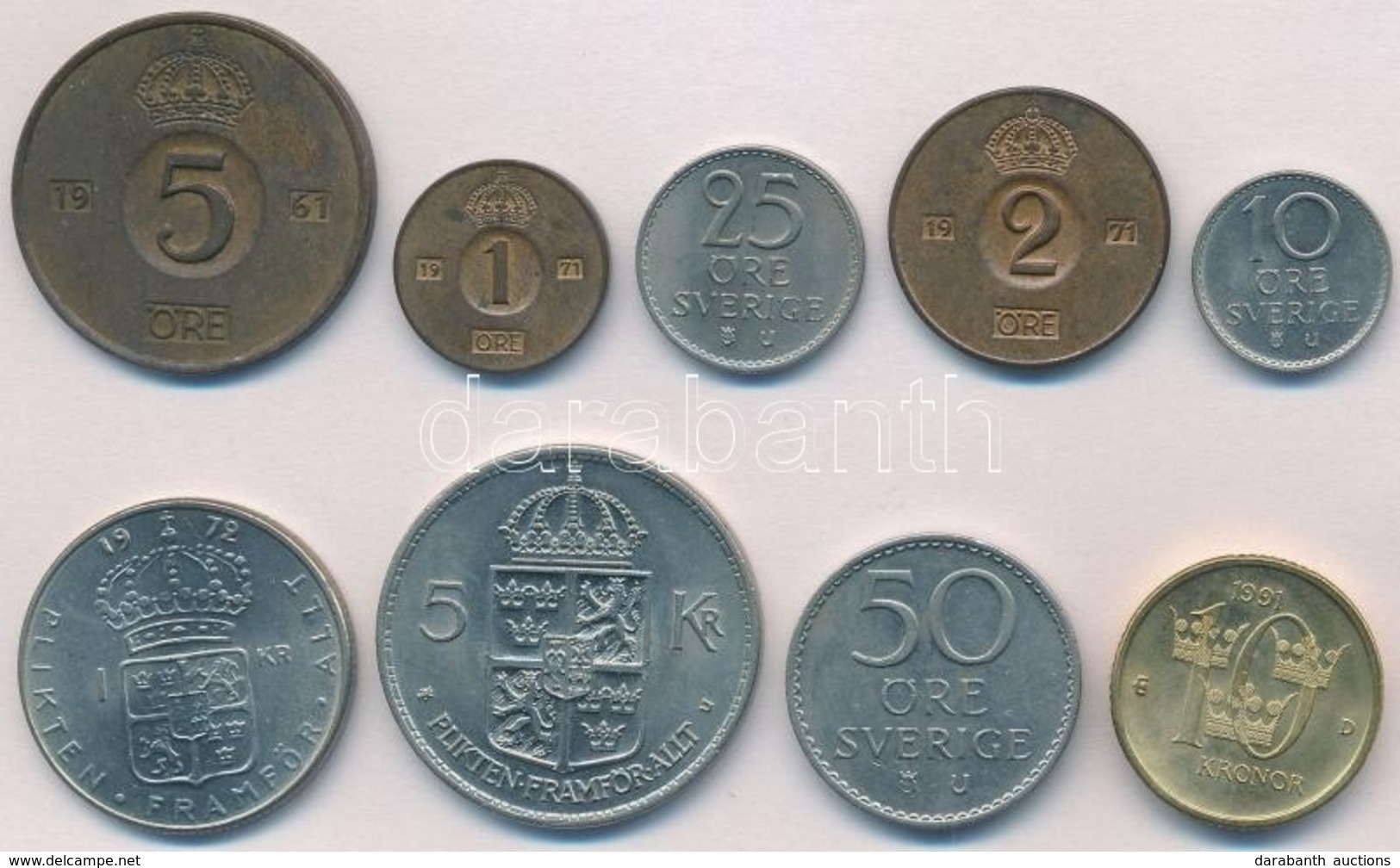 Svédország 1961-1991. 1ö-10K (9xklf) T:1-,2
Sweden 1961-1991. 1 Ore - 10 Kronor (9xdiff) C:AU,XF - Unclassified