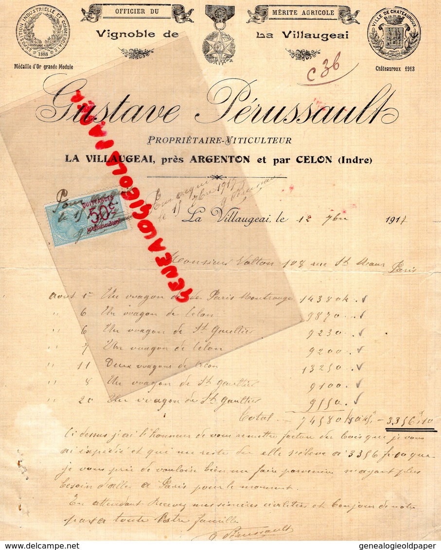 36- LA VILLAUGEAI PRES ARGENTON ET PAR CELON- RARE FACTURE GUSTAVE PERUSSAULT-PROPRIETAIRE VITICULTEUR-1917 - Artigianato