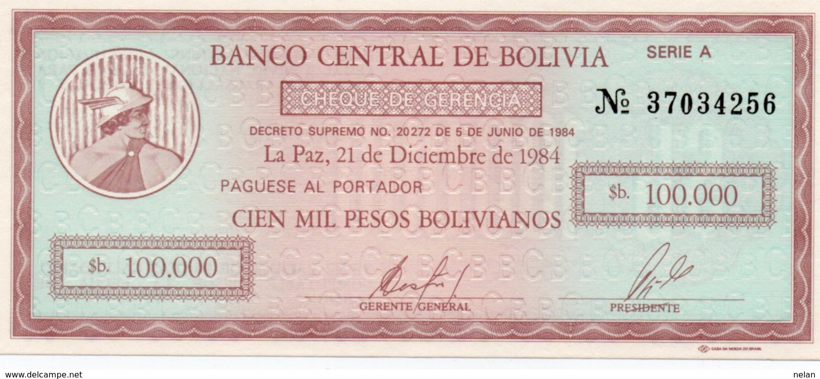 BOLIVIA 100 000 PESOS BOLIVIANOS 1984 P-188 UNC - Bolivie